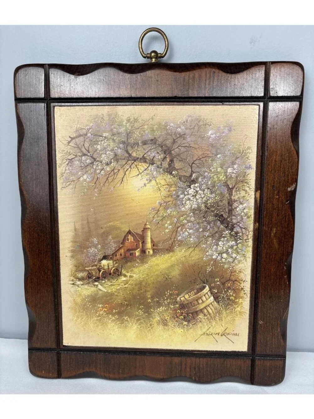 Rustic Wooden Wall Art Scenic Farmhouse Painting Gold-Tone 14x11